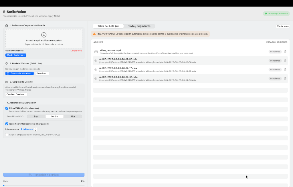 Interfaz de E-ScribeVoice en macOS