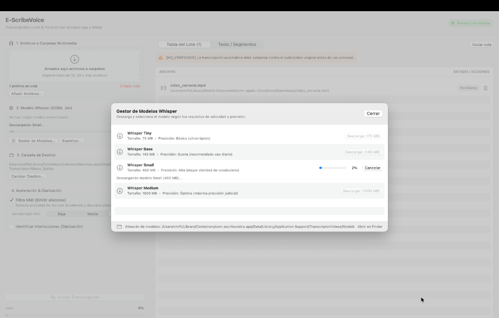Gestor de Modelos Whisper en E-ScribeVoice